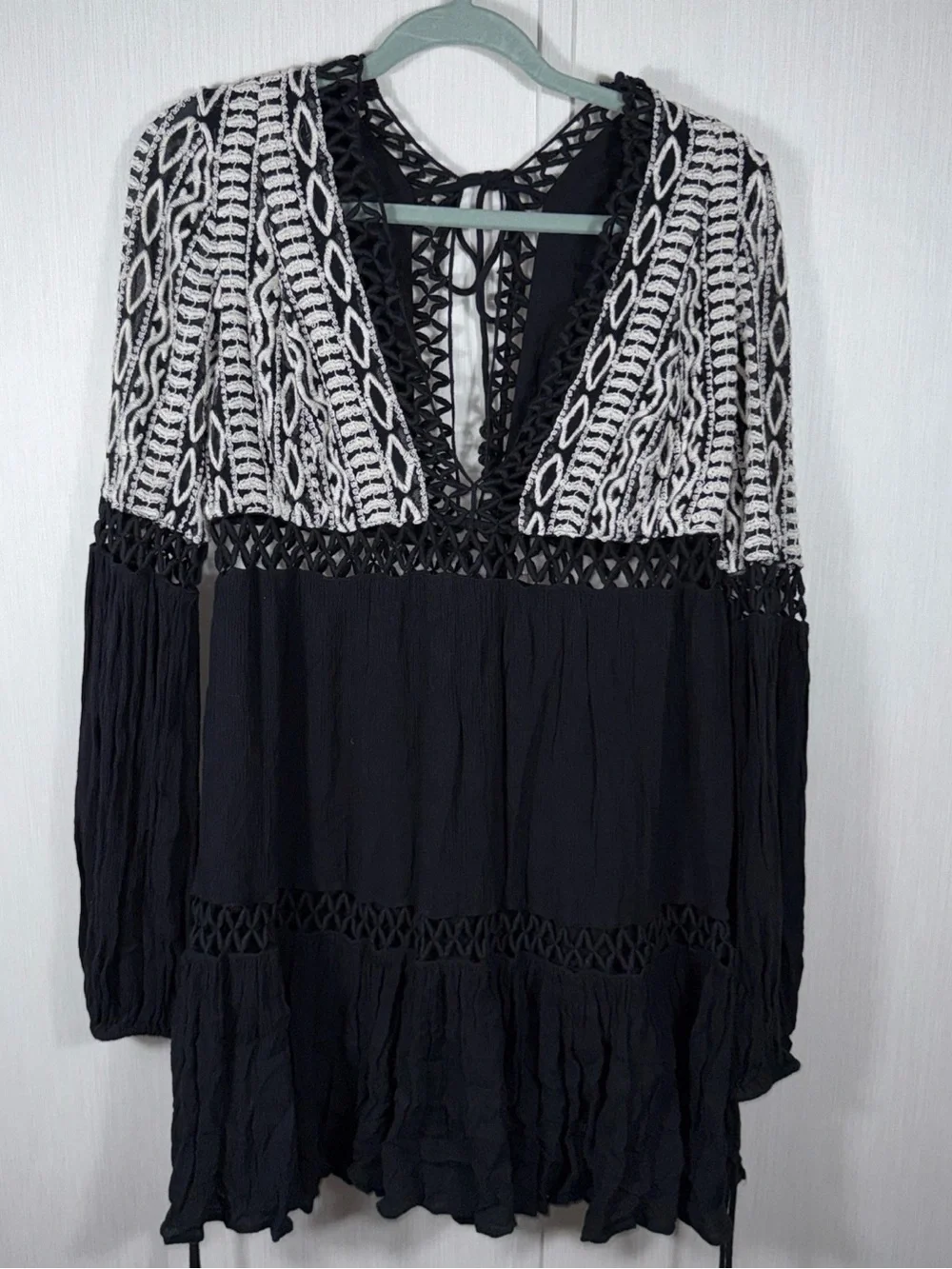 Free People Dusk Til Dawn Black White Embroidered Mini Dress Boho Western 12